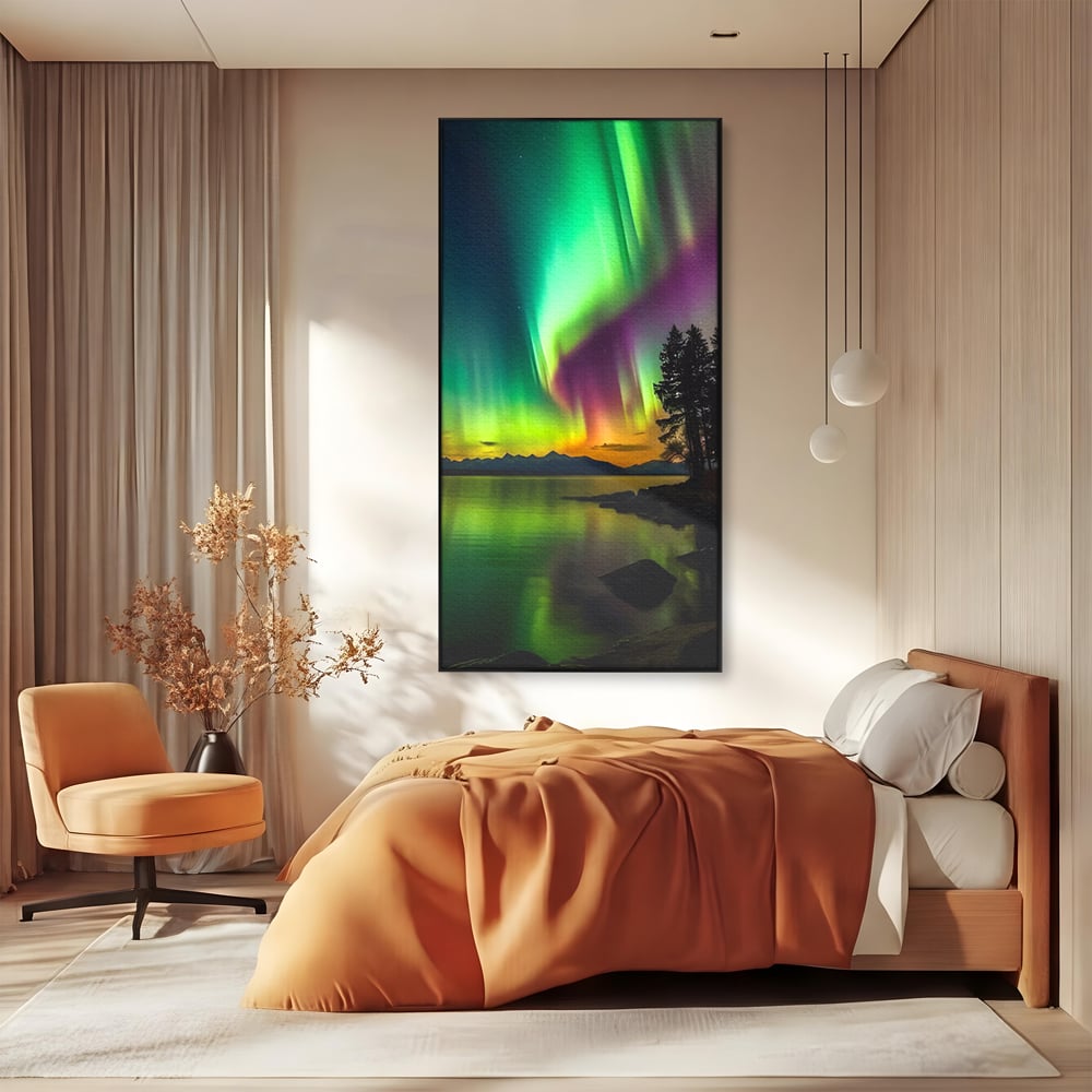 Tablou canvas cu tablou vertical cu aurora boreala pe lac, in rama de aluminiu negru, pe perete intr-un dormitor